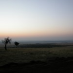 マサイ・マラでの初めての朝。まだ暗い5時起床、6時出発。気温は10度以下、寒い。ランクルに乗って一路マサイ・マラ国立保護区に向かった。やがて空が白み始め、朝日とのグラデーションがあらわれた。