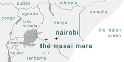 東アフリカの玄関、ケニアとその周辺。面積は日本の約1.5倍、58万2646平方km。首都ナイロビ（南緯2度、東経37度）はインド洋から500km程内陸に入った海抜約1700mの高原に位置。マサイ・マラ国立保護区は南部のタンザニア国境に沿ってある。